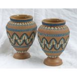 PAIR ARTS & CRAFTS STYLE DOULTON SILICON WARE VASES WITH BLUE & WHITE DECORATION 17CMS