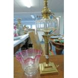 PARAFFIN LAMP WITH PINK GLASS SHADE, GLASS RESERVOIR,