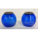 PAIR OF SILVER MOUNTED BLUE GLASS MATCH GLOBES