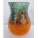 SCOTTISH MONART GLASS VASE WITH MOTTLED ORANGE & GREEN DECORATION,