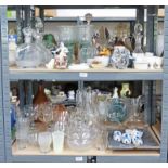 SELECTION OF PORCELAIN & GLASSWARE INCLUDING DECANTERS ORNAMENTS ETC OVER 3 SHELVES