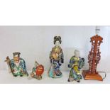FOUR PORCELAIN ORIENTAL FIGURES TOGETHER WITH WOODEN TABLE LAMP