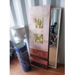 POT ON MATCHING PEDESTAL WITH MIRROR, CANVAS PICTURE AND STICK STAND.