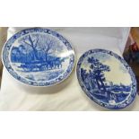 TWO BLUE & WHITE CHARGERS WITH RURAL SCENE DECORATION DIAMETER