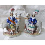 PAIR OF 19TH CENTURY SCOTTISH POTTERY FIGURES OF HIGHLANDERS STANDING BESIDE SHEEP WITH ENCRUSTED