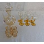 GLASS LIQUOR SET WITH ENAMEL FLORAL DECORATION TOGETHER WITH SIX OTHER GLASSES