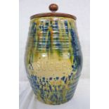 SCOTTISH POTTERY SUGAR JAR WITH MOTTLED BLUE & GREEN DECORATION.