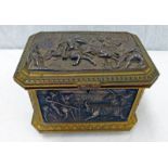 GILT METAL LIDDED BOX WITH BULL FIGHTING SCENE DECORATION.