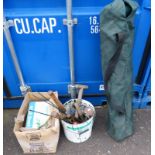 BOX OF GARDEN TOOLS WITH SOME BOOKS AND FOLDING CHAIR