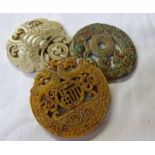 3 CHINESE CARVED HARDSTONE CIRCULAR DISCS DECORATED DRAGON,