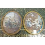 2 OVAL FINELY PANTED MINIATURES OF 19TH CENTURY SCENES IN GILT FRAMES 12 CMS