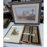 FRAMED PICTURE OF TEMPLE AFTER ROBERTS & COLOURED ETCHING & 2 CLASSICAL SCENE PICTURE