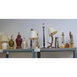 LARGE SELECTION OF WOODEN & PORCELAIN BASED TABLE LAMPS, SHADES ETC,