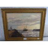 GILT FRAMED OIL ON CANVAS HARBOUR SCENE SIGNED DON MICKLETHWAITE.