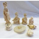 SELECTION OF 19TH CENTURY IVORY CARVINGS INCLUDING FISH NETSUKE, 2 GEISHA MUSICIANS,