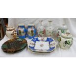 SELECTION OF PORCELAIN INCLUDING A PAIR OF NORITAKE VASES WITH RURAL SCENE DECORATION,