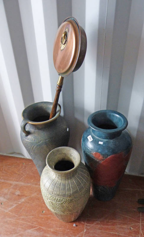 3 LARGE VASES AND COPPER BED PAN