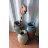 3 LARGE VASES AND COPPER BED PAN