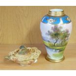 NORITAKE VASE DECORATED WITH SWANS IN A COUNTRY LAKE & AN ORIENTAL SOAPSTONE TEAPOT WITH PIERCED