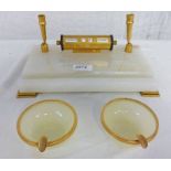 EARLY 20TH CENTURY WHITE ONYX & GILT METAL DESK SET WITH ROTATING CALENDAR AND A PAIR OF MATCHING