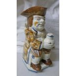 19TH CENTURY PRATTWARE RALPH WOOD STYLE TOBY JUG WITH BROWN & BLUE GLAZED DECORATION ON PLINTH BASE