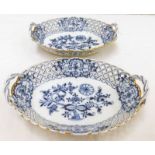 PAIR OF BLUE & WHITE PORCELAIN BASKETS WITH GILT AND PIERCED DECORATION.