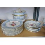 EARLY 19TH CENTURY PALE BLUE & WHITE FLORAL DECORATED DINNERWARE WITH TWIN HANDLED LID POT