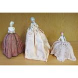 3 PORCELAIN PIN CUSHION LADIES WITH PIN CUSHIONS ATTACHED (3)