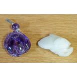 CHINESE GREEN HARDSTONE CARVING OF A MOTH & CARVED PURPLE GLASS PENDANT,