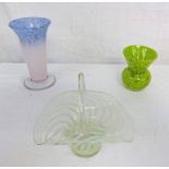 TWO SCOTTISH STRATHEARN GLASS VASES TOGETHER WITH GLASS POSY BASKET,