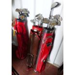 3 GOLF BAGS AND VARIOUS GOLD CLUBS