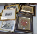 FRAMED PICTURE OF THE ARMS OF SIR ARTHUR CAPEL & 4 OTHER PICTURES OF 10TH CENTURY SCENES