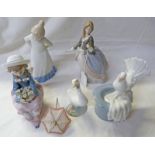 THREE LLADRO FIGURES, SEATED GIRL WITH FLOWERS, GIRL WITH PARASOL,