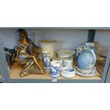 SELECTION OF DELFT BLUE AND WHITE POTTERY, SOUTH LISSENS POTTERY JUG, FEMALE FIGURE ETC.