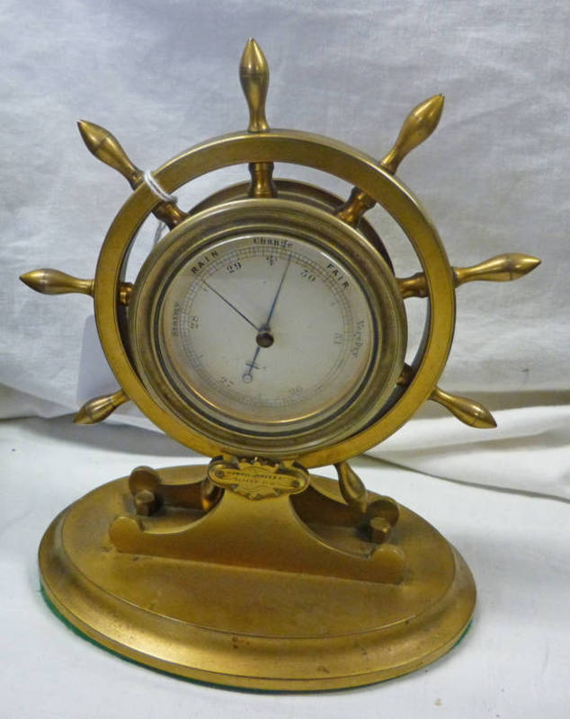 EARLY 20TH CENTURY GILT BRASS SHIPS WHEEL DESK TOP BAROMETER BY HOWELL JAMES & CO LONDON - 20 CM