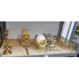 BRASS TRIVETS AND CANDLESTICKS, CUTLERY SILVER PLATED ITEMS, BRASS WALL LIGHTS ETC.