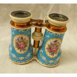PAIR IVORY & BLUE ENAMEL OPERA GLASSES DECORATED WITH FLORAL PANELS - 10CM TALL Condition