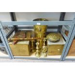 SELECTION OF BRASSWARE INCLUDING 2 PAIRS CANDLESTICK COAL BOXES,