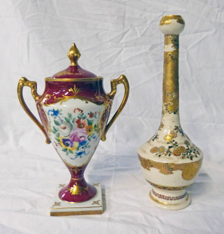 CONTINENTAL PORCELAIN LIDDED VASE AND SATSUMA VASE