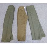 3 PAIRS OF BRITISH POST WW2 ARMY BATTLE DRESS TROUSERS PATTERN 1949 DATED 54 - SIZE 7, 1953 SIZE NO.