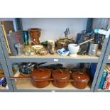 SET OF 3 BROWN ENAMEL JUDGE WARE POTS STAVED WATER BARREL AND PUMP, POTTERY VASE ETC.