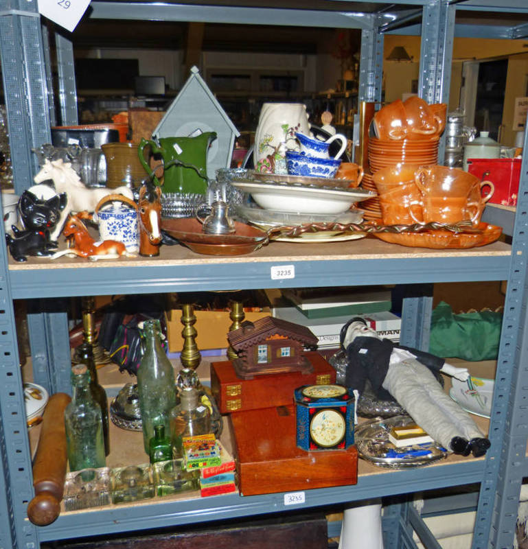 KENSINGTON VASE, LUSTRE TEA SET, COPPER SPOON AND SKIM, GOWS FLY BOXES, VARIOUS GLASS BOTTLES ETC.