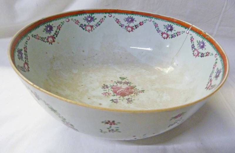 18TH CENTURY CHINESE FLORAL DECORATED BOWL - 28CM DIAMETER