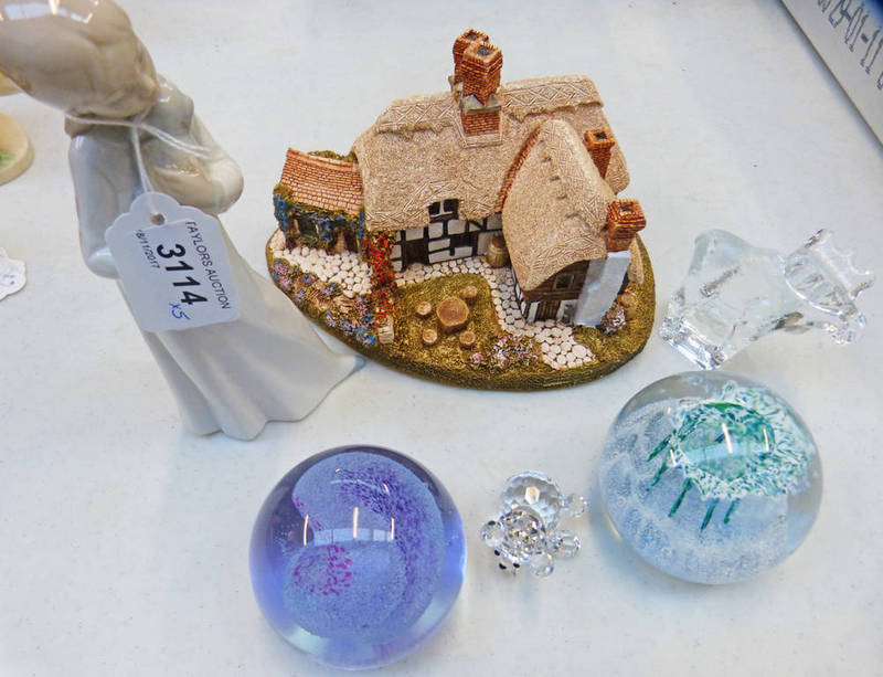 LILLIPUT LANE THATCHER'S REST, NAO FIGURE OF YOUNG GIRL WITH PUPPY, 2 CAITHNESS GLASS PAPERWEIGHTS,