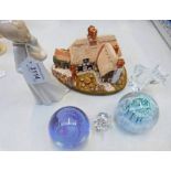 LILLIPUT LANE THATCHER'S REST, NAO FIGURE OF YOUNG GIRL WITH PUPPY, 2 CAITHNESS GLASS PAPERWEIGHTS,