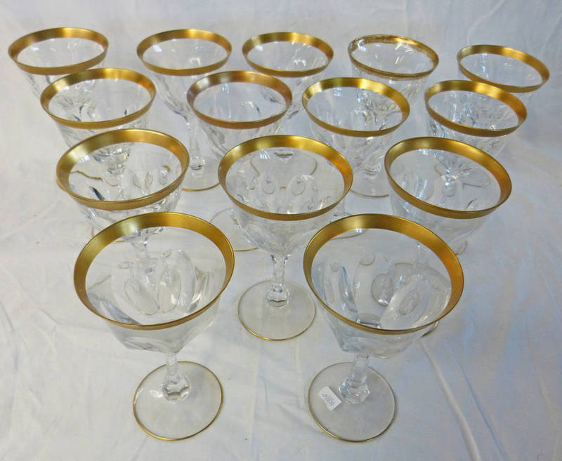 SET OF 14 HOCK GLASSES WITH GILDED RIMS Condition Report: one has wear to the gilt