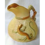 ROYAL WORCESTER BLUSH IVORY BASKET WEAVE EFFECT JUG WITH LIZARD DECORATION. HEIGHT 16.