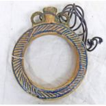 18TH OR 19TH CENTURY MIDDLE EASTERN POTTERY RING SHAPED FLASK WITH BLUE DECORATION 19CM WIDE