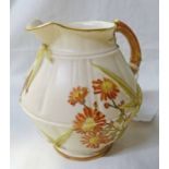 ROYAL WORCESTER JUG WITH BAMBOO HANDLE AND FLORAL DECORATION.