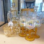 GLASS LIQUOR SET WITH ENAMEL FLORAL DECORATION TOGETHER WITH SIX OTHER GLASSES